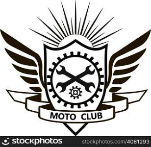 Motorcycle label badge vector black icon and moto club logo illustration. Moto club label logo skull piston Bike club badge design element. motoclub