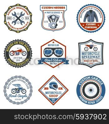 Motorcycle label colored set with transport clothing and workshop symbols isolated vector illustration. Motorcycle Label Colored