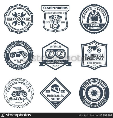Motorcycle labels black set with bike repair workshop logos isolated vector illustration. Motorcycle Labels Black