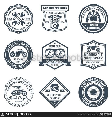 Motorcycle labels black set with bike repair workshop logos isolated vector illustration. Motorcycle Labels Black