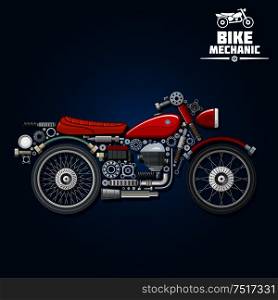 Motorcycle mechanic silhouette symbol with wheels, gas tank, seat, engine, battery and exhaust pipe, gears and cogwheels, absorbers and fork, suspension and kickstand, headlight and bearings. Use as transportation design. Motorcycle mechanical parts silhouette icon