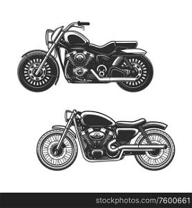 Motorcycle or bike isolated icons of race sport, road vehicle and transportation vector design. Motorbikes, side view of cruiser and bobber with engine cylinders, wheels and tires, gas tanks and seats. Motorcycle or bike icons. Race sport motorbikes