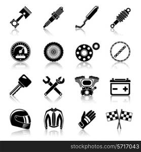 Motorcycle parts black icon set with helmet spanner tires isolated vector illustration