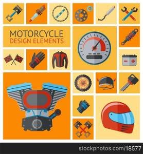 Motorcycle parts decorative icon set with motor elements wheel pistons isolated vector illustration