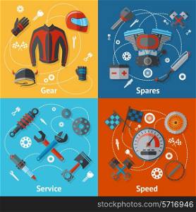 Motorcycle parts flat icon set with gear spares service speed isolated vector illustration