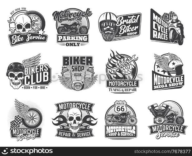 Motorcycle races and biker garage icons, skull and moto wheel on wings vector symbols. Motorcycle racing and chopper bikes show, mechanic repair and tuning garage service or parking sign with helmet. Biker and motorcycle races icons, skull and wings