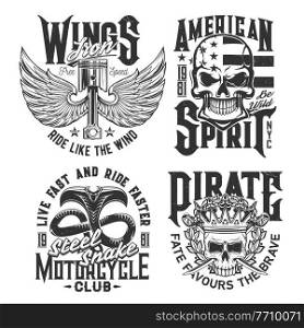 Motorcycle races club t-shirt prints with skull and wings, vector car rally signs. American spirit stars flag and engine on wings, snake and skull in crown, motor sport and custom chopper bike garage. Motorcycle races club, skull or wing t-shirt print