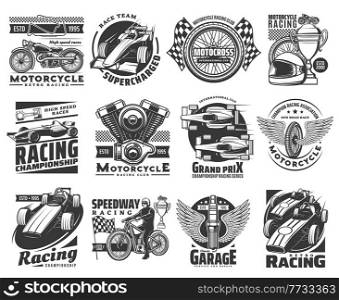 Motorcycle racing icons, car sport races and club emblems, vector. Motors championship and speedway or rally racing and custom garage signs with engine, wheel on wings and Gran Prix victory cup. Motorcycle and car racing, Grand Prix rides icons