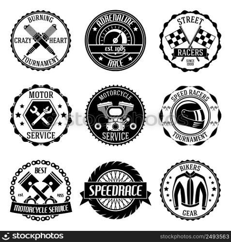 Motorcycle racing tournament motor service emblems black set isolated vector illustration