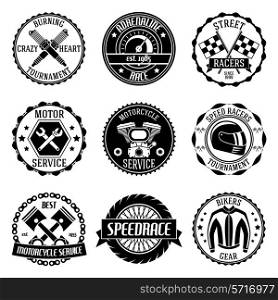 Motorcycle racing tournament motor service emblems black set isolated vector illustration