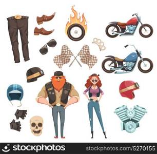 Motorcycle Rider Elements Collection. Retro cartoon rider set of bikers wear accessories roadster motorcycles and two flat doodle human characters vector illustration