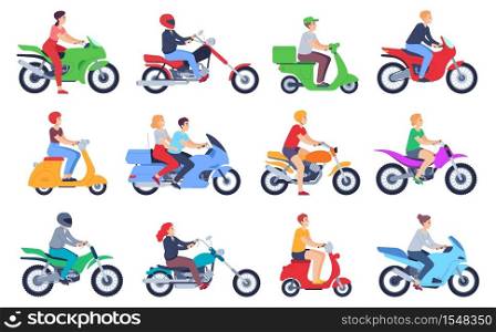 Motorcycle riders. Men and women drivers in helmet on moped, motorbike. Fast delivery food courier, family on scooter cartoon vector set. Female and male characters riding bike isolated. Motorcycle riders. Men and women drivers in helmet on moped, motorbike. Fast delivery food courier, family on scooter cartoon vector set