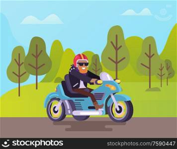 Motorcycle with biker vector, man wearing glasses and helmet riding bike. Nature with greenery of trees, road and bearded biker with smile on face. Biker Riding Road Man Wearing Helmet on Motorcycle