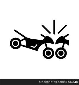 Motorcycles accident black glyph icon. Head-on collision of two motorcyclists. Speeding-related crashes. Colliding with bikes in roadway. Silhouette symbol on white space. Vector isolated illustration. Motorcycles accident black glyph icon