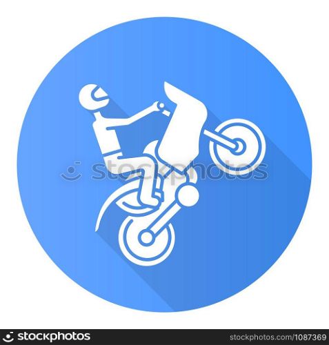Motorcycling blue flat design long shadow glyph icon. Track, road rally, speedway, motocross racing. Person performing motorbiking stunt. Extreme sport. Vector silhouette illustration