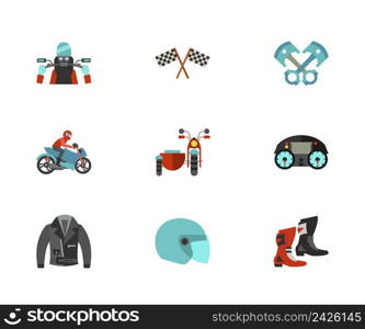 Motorcycling Icon Set. Biker Riding Motorcycling Racing Flag Piston Engine Motorcyclist On Bike Motorcycle With Sidecar Motorcycle Dashboard Leather Jacket Flip Up Helmet Biker Shoes