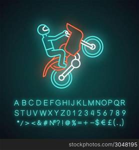 Motorcycling neon light icon. Track, road rally, speedway, motocross racing. Person performing motorbiking stunt. Glowing sign with alphabet, numbers and symbols. Vector isolated illustration
