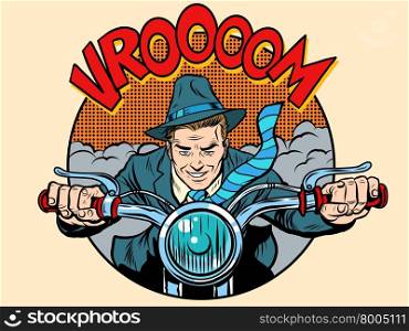 Motorcyclist rider biker man pop art retro style. The love of motorcycles. Speed and route. Retro transport. Motorcyclist rider biker man