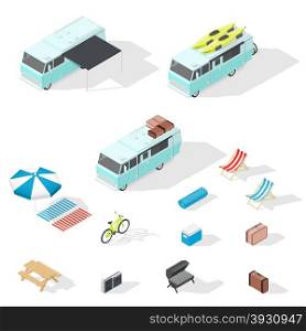 Motorhome and camping accessories isometric icons set. Motorhome and camping accessories isometric icons set vector graphic illustration