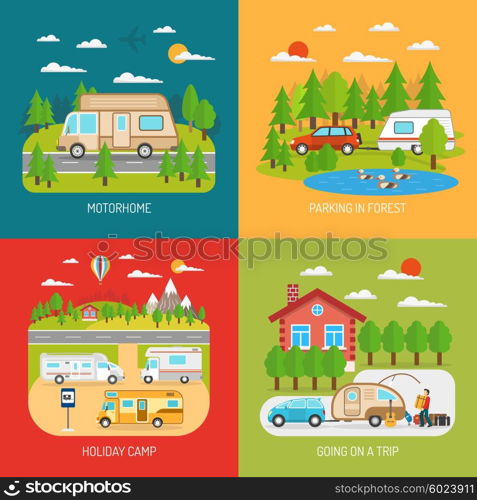 Motorhome Concept Icons Set . Motorhome concept icons set with going on a trip and parking in forest symbols flat isolated vector illustration