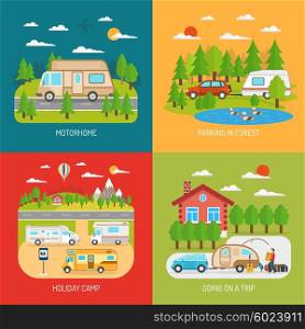 Motorhome Concept Icons Set . Motorhome concept icons set with going on a trip and parking in forest symbols flat isolated vector illustration