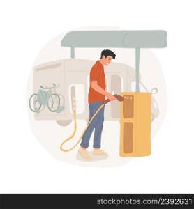 Motorhome stopover isolated cartoon vector illustration Van service station, travelling with motorhome, father plugs the vehicle, bicycles on the back of RV, making stopover vector cartoon.. Motorhome stopover isolated cartoon vector illustration