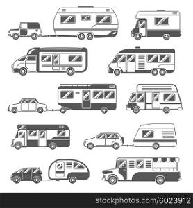Motorhomes Black White Icons Set . Motorhomes black white icons set with trailers and cars flat isolated vector illustration