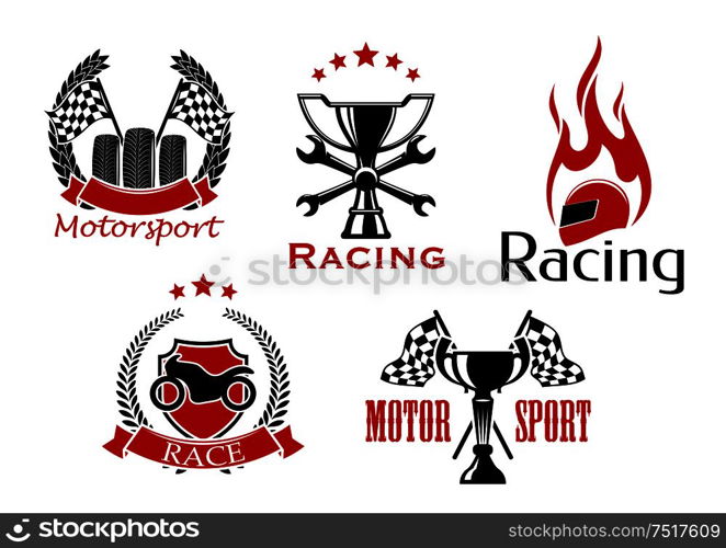 Motorsport, motorcycle and auto racing icons with wheels and trophy with racing flags, shield with motorcycle, winner cup with crossed spanners and flaming helmet, adorned by wreaths, stars and ribbon banners. Motorsport, motorcycle and auto racing symbols