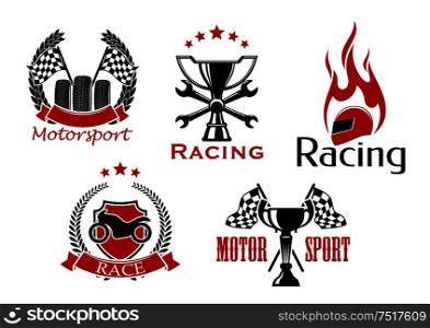 Motorsport, motorcycle and auto racing icons with wheels and trophy with racing flags, shield with motorcycle, winner cup with crossed spanners and flaming helmet, adorned by wreaths, stars and ribbon banners. Motorsport, motorcycle and auto racing symbols