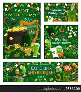 Motto of Saint Patricks day, eat, drink and be Irish, religion Ireland holiday, green color symbols. Vector leprechaun playing music, beer and drums, scarf and lucky horseshoe, fireworks, gnome stick. Irish holiday music instruments, money food drinks