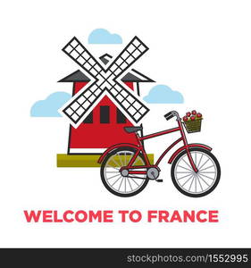 Moulin rouge and city bicycle welcome to France French symbols vector mill and vehicle with flower basket architecture and transport traveling and tourism attractions rural construction and bike. Welcome to France French symbols Moulin rouge and city bicycle