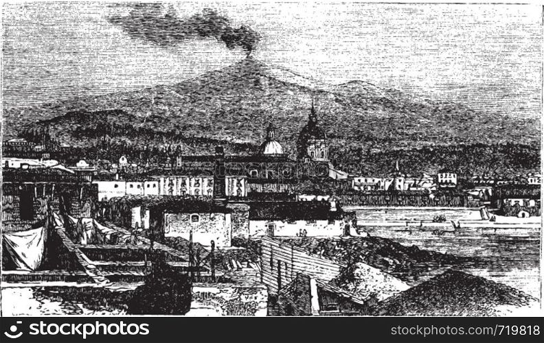Mount Etna in Sicily, Italy, during the 1890s, vintage engraving. Old engraved illustration of Mount Etna as viewed from Catania City.