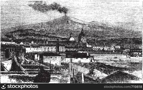 Mount Etna in Sicily, Italy, during the 1890s, vintage engraving. Old engraved illustration of Mount Etna as viewed from Catania City.