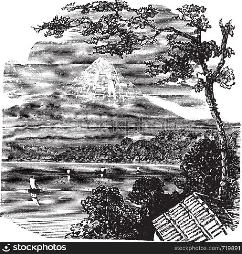 Mount Fuji in Japan, during the 1890s, vintage engraving. Old engraved illustration of Mount Fuji, with Lake Kawaguchi and trees in front.