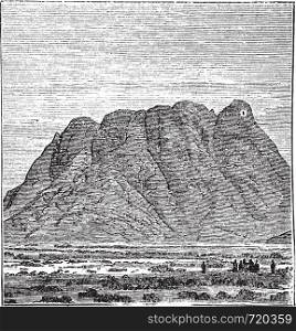 Mount Sinai or Mount Horeb or Mount Musa or Gabal Musa in Sinai Peninsula, Egypt, during the 1890s, vintage engraving. Old engraved illustration of Mount Sinai.