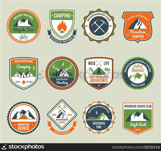 Mountain adventure and extreme tourism emblems set isolated vector illustration. Mountain Adventure Emblems