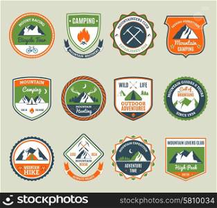 Mountain adventure and extreme tourism emblems set isolated vector illustration. Mountain Adventure Emblems