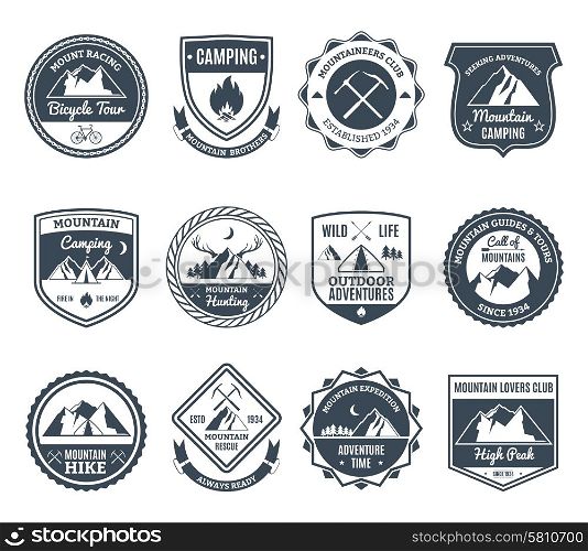 Mountain adventure and wild nature exploration emblems black set isolated vector illustration. Mountain Adventure Emblems Black