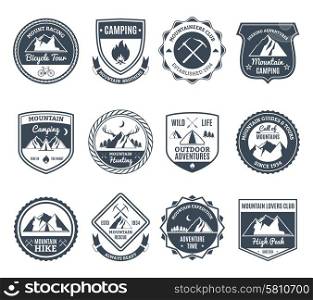 Mountain adventure and wild nature exploration emblems black set isolated vector illustration. Mountain Adventure Emblems Black