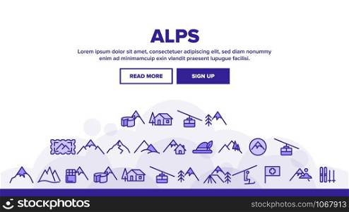 Mountain Alps Landing Web Page Header Banner Template Vector. Cable Way, Funicular And House On Alps Hills And Climbs Linear Pictograms. Nature Landscape Illustration. Mountain Alps Landing Header Vector
