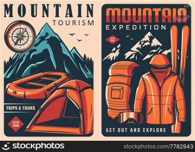 Mountain and climbing sport retro posters. Mountain tourism expedition equipment, clothes and gear vector retro banners with mountains peaks, inflatable boat and tent, tourist backpack, jacket and ski. Mountain tourism travel gear vector vintage poster