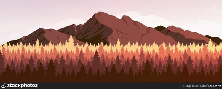 Mountain and coniferous forest flat color vector illustration. Brown hill and fir trees. Woodland view. Wild nature scenery. 2D cartoon landscape with woods and rock on background. Mountain and coniferous forest flat color vector illustration