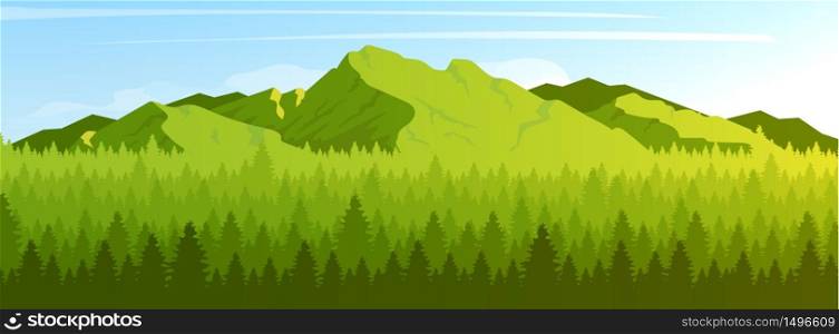 Mountain and coniferous forest flat color vector illustration. Green hill and fir trees. Wild summer nature scenery. 2D cartoon peaceful landscape with woodland and rock on background. Mountain and coniferous forest flat color vector illustration