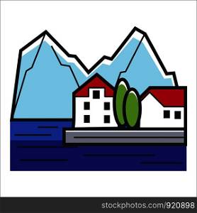Mountain and houses landscape of city line art vector homes standing in row by water lake or river and peak with snow on top town with trees and sea natural outdoor scenery with buildings bay.. Mountain and houses landscape of city line art