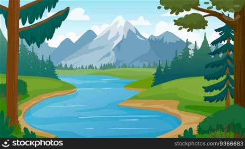 Mountain and lake landscape. Cartoon rocky mountains, forest and river scene. Wild nature summer panorama. Hiking adventure vector concept. Illustration forest lake, summer hill environment peak. Mountain and lake landscape. Cartoon rocky mountains, forest and river scene. Wild nature summer panorama. Hiking adventure vector concept