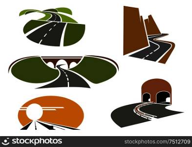 Mountain and rural roads, underpass highways with tunnels and bridge, modern freeway with medium barrier icons, for travel or transportation design. Speed roads, freeways, underpass and highways