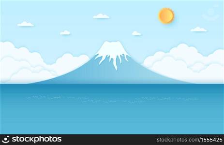 Mountain and sea with bright sun and blue sky, paper art style
