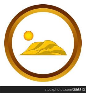 Mountain and the sun vector icon in golden circle, cartoon style isolated on white background. Mountain and the sun vector icon