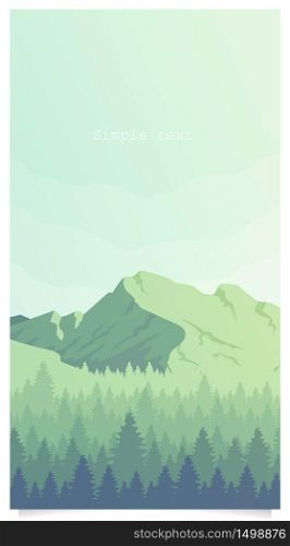 Mountain and woodland landscape flat color vector background with text space. Hills and coniferous forest scenery social media stories mockup. Peaceful nature view web banner template. Mountain and woodland landscape flat color vector background with text space