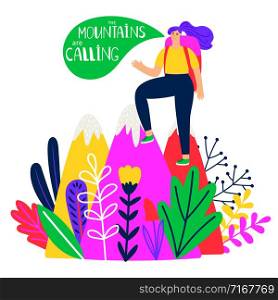 Mountain are calling. Colored girl on peak. Vector landscape, walking and tourism illustration. Mountain are calling. Colored girl on peak